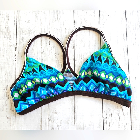 Magellan Outdoors Aztec Western Blue Bikini Top Green Brown Racerback Pullover - Picture 2 of 7
